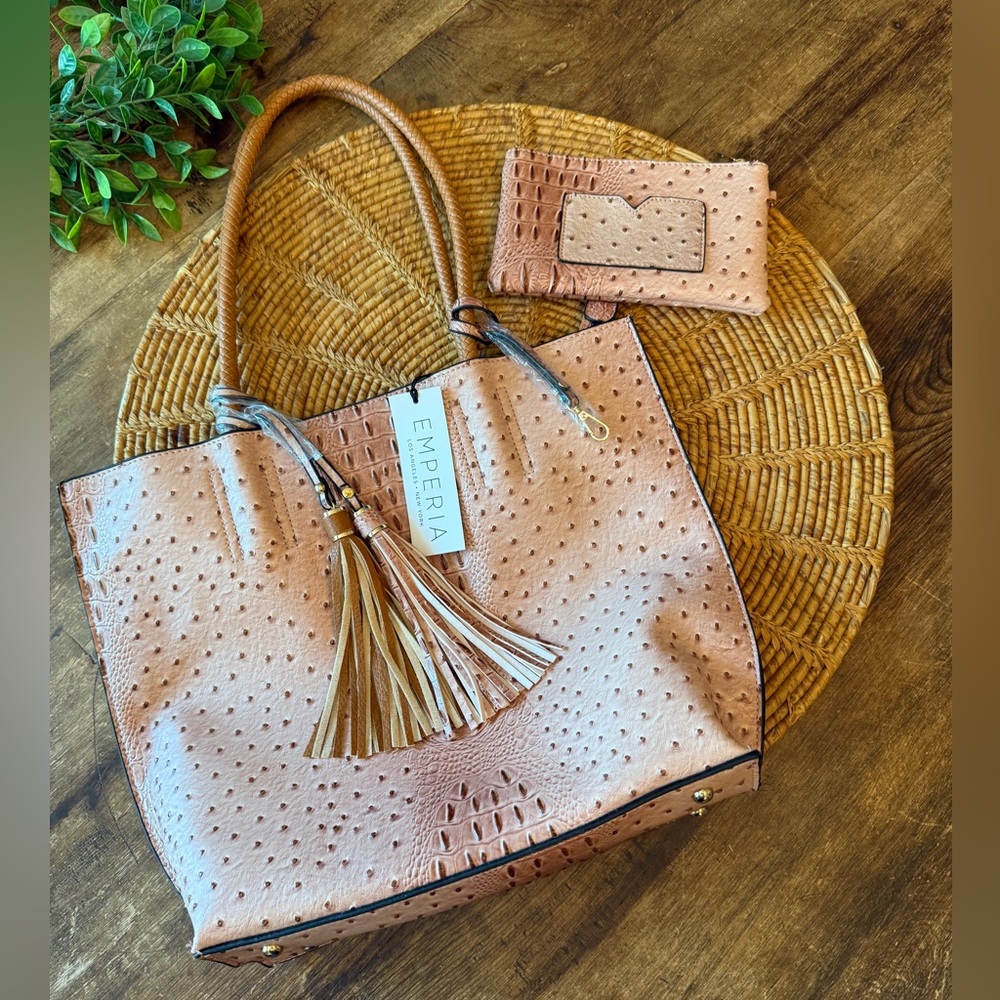 New Emperia Blush Sand Pattern Tassel Tote Bag with Wallet